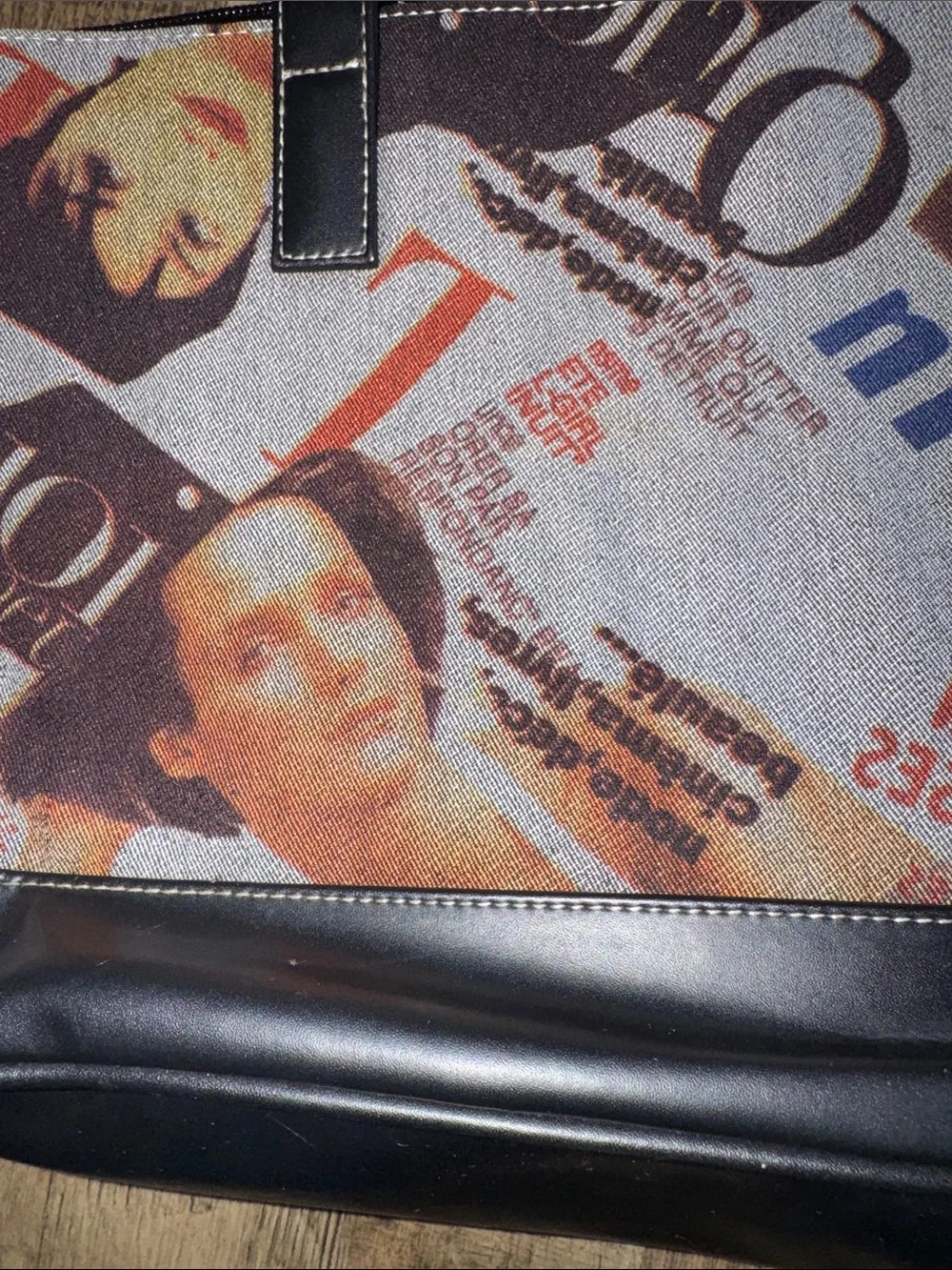Y2K Vintage French Newspaper Magazine Print Canvas Faux Leather Tote Bag